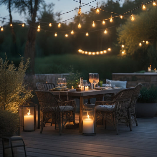 A cozy outdoor patio adorned with warm white string lights glowing softly against a twilight sky, surrounded by lush greenery, a wooden table set with candles, and comfortable seating inviting relaxation.