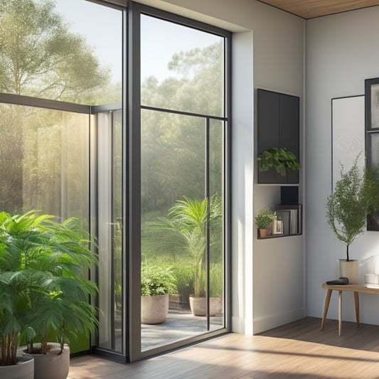 A modern, sleek, and minimalist corner space featuring a solar-powered storage unit with sliding doors, surrounded by lush greenery and natural light pouring in through a large window.