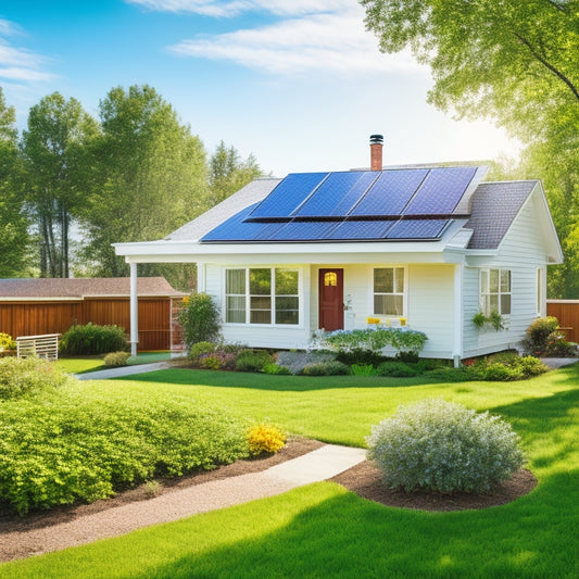 A serene, eco-friendly small home with solar panels on the roof, a wind turbine in the backyard, and a lush green garden surrounded by a white picket fence, set against a clear blue sky.