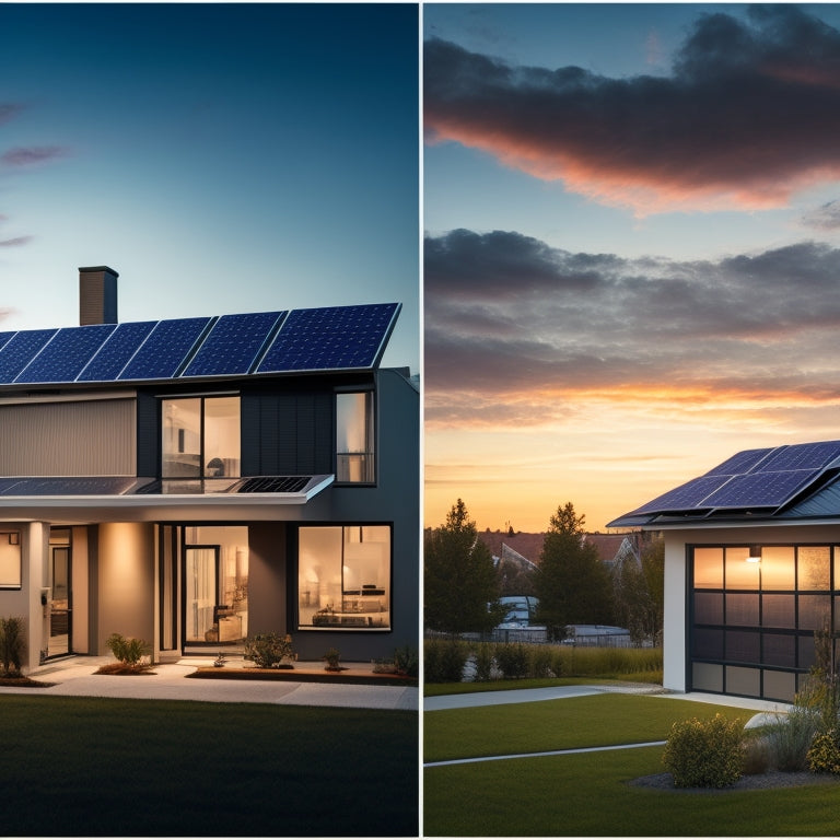 A split-screen image with a darkened cityscape at dusk on the left, and a bright, sunlit suburban home with a prominent solar panel array and a sleek, modern battery storage unit on the right.