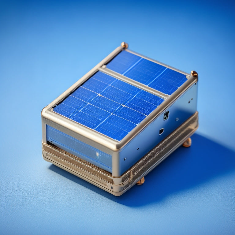 A small, sleek solar battery with a metallic casing, surrounded by miniature solar panels and wiring, set against a bright blue background with subtle sun rays.