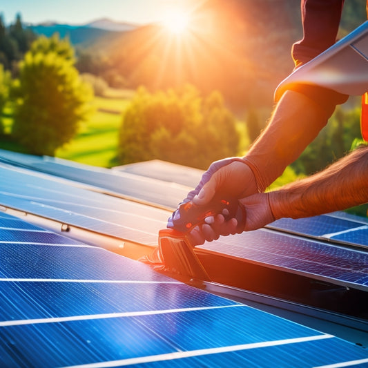 A close-up of a technician carefully cleaning photovoltaic panels, sun reflecting off the surface, with tools like a soft brush and bucket nearby, surrounded by lush greenery and a clear blue sky in the background.
