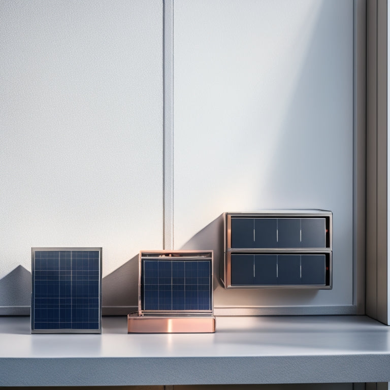 A modern, sleek, and compact house solar battery bank system with 4-6 identical rectangular batteries, surrounded by copper wiring, mounted on a gray wall with a subtle grid pattern.