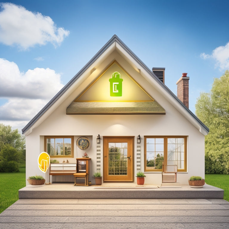 An illustration of a house with various icons and symbols indicating energy efficiency, including a lit light bulb, a thermostat, a window with a green checkmark, and a recycling symbol on the roof.