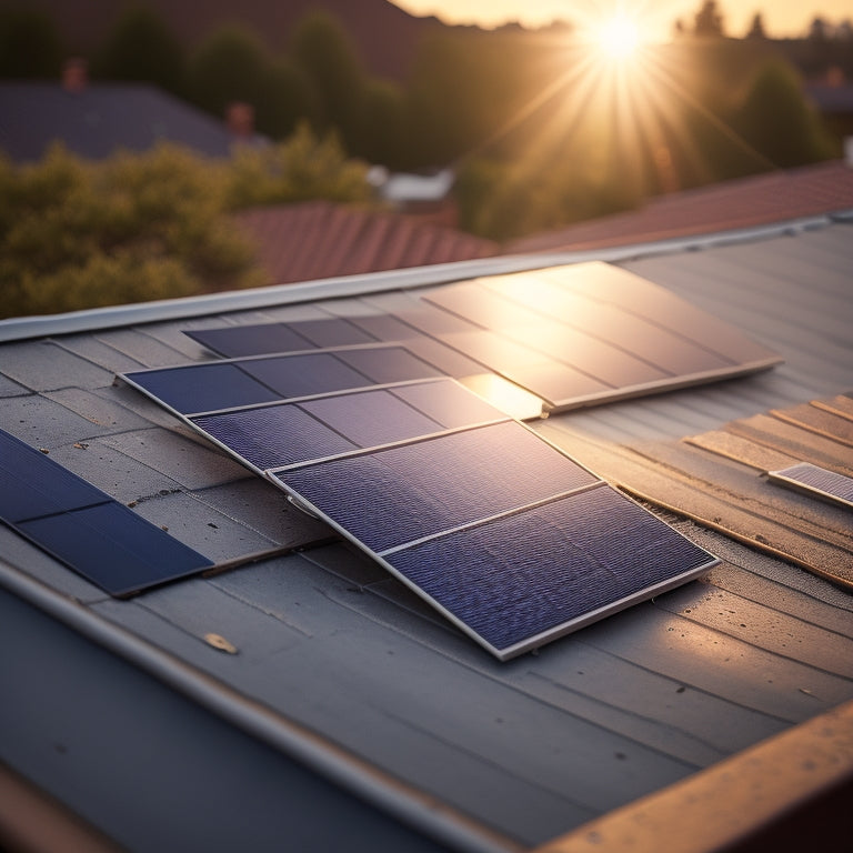 An image of a small, sleek solar panel (approx. 10 inches by 6 inches) installed on a residential rooftop, with a subtle sunbeam shining on it, surrounded by neatly arranged roof tiles.