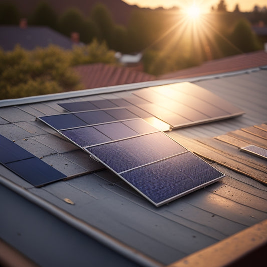 An image of a small, sleek solar panel (approx. 10 inches by 6 inches) installed on a residential rooftop, with a subtle sunbeam shining on it, surrounded by neatly arranged roof tiles.