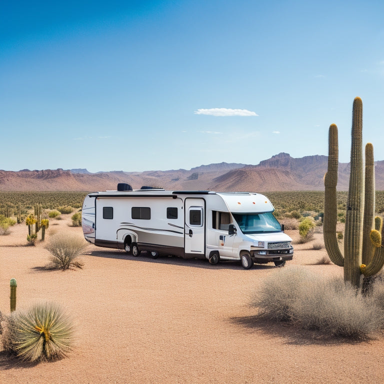 A serene RV parked in a desert landscape with a sleek, black solar panel kit installed on the roof, surrounded by cacti and a bright blue sky with a few wispy clouds.