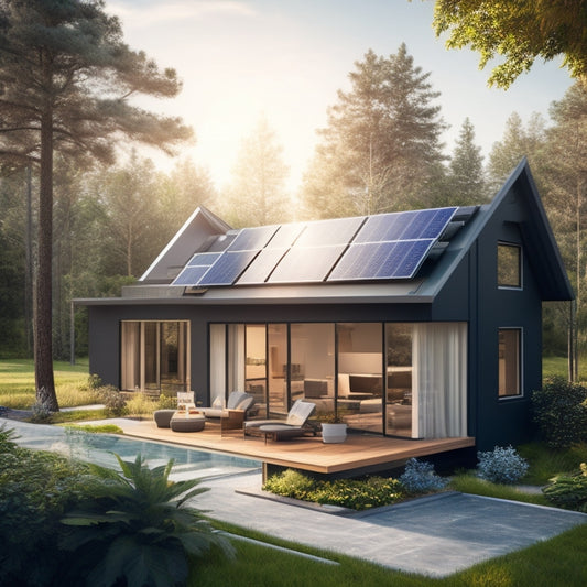 Generate an image depicting a modern, eco-friendly home with solar panels on the roof, surrounded by lush greenery, featuring a subtle smart home security system with sleek, minimalist cameras and sensors.