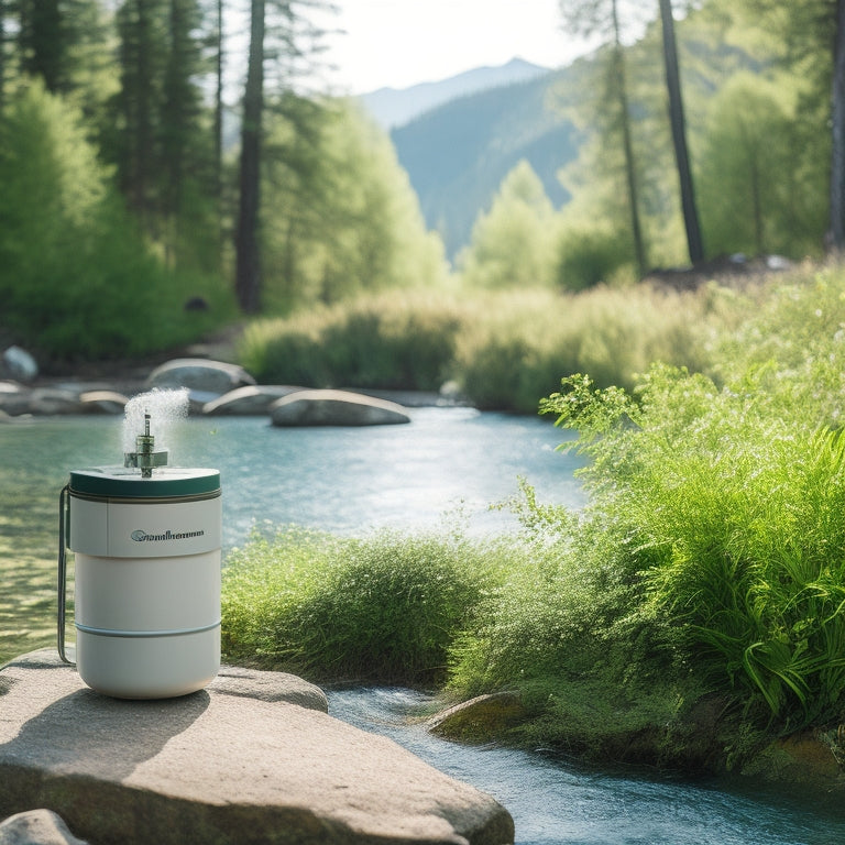 A serene outdoor setting featuring a portable water purifier next to a clear stream, surrounded by lush greenery and mountains in the background. Sunlight filters through the trees, highlighting the purity of nature.