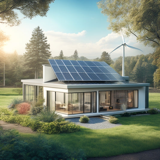 An illustration of a modern, eco-friendly home surrounded by lush greenery, with solar panels on the roof, a wind turbine in the background, and a battery storage system visible through a transparent wall.