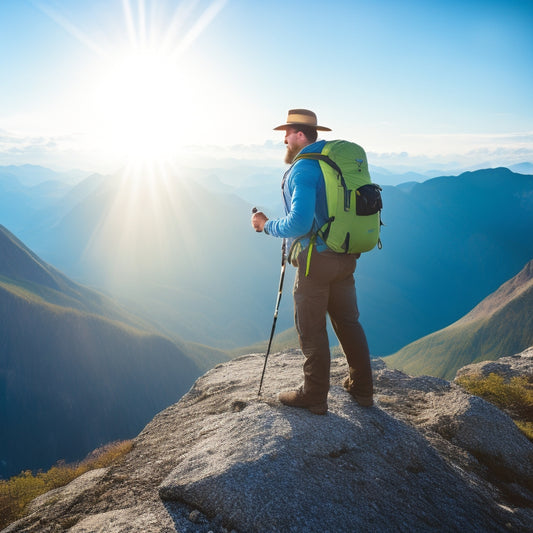 A rugged hiker stands atop a rocky mountain peak, sunlight glinting off a sleek, compact solar charger attached to their backpack, with vibrant green valleys and a clear blue sky in the background.