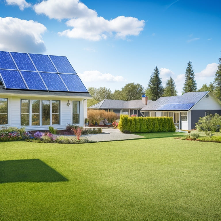 A serene backyard landscape featuring multiple ground-mounted solar panels, lush green grass, a modern home in the background, and a bright blue sky with fluffy white clouds to illustrate sustainable energy living.