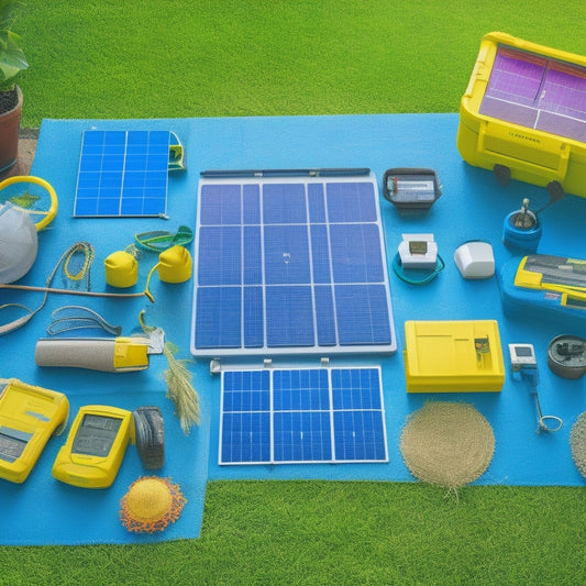 A vibrant, sunlit backyard featuring a neatly arranged solar battery bank, colorful solar panels on a roof, tools like a multimeter and wire strippers, and a blueprint of the design layout on a table.