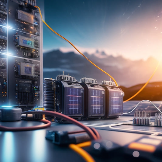 A futuristic, high-tech background with sleek, silver solar panels and a bank of batteries in the foreground, with colorful wires and connectors, surrounded by sparks and electrons in motion.
