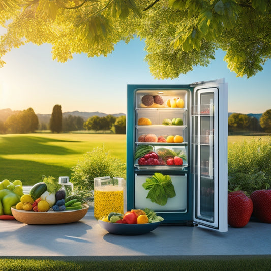 A vibrant solar refrigerator filled with fresh fruits, vegetables, dairy products, and beverages, set against a sunny outdoor backdrop. Sunlight glimmers on the fridge, emphasizing its eco-friendly design and modern features.