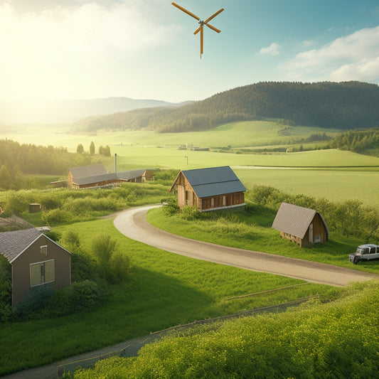 A serene, sunny landscape of a remote community surrounded by lush greenery, with a few wind turbines and solar panels in the distance, and a small, self-sustaining village in the foreground.