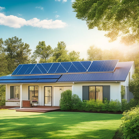 A serene suburban home with a sloping rooftop, partially covered by a sleek, modern solar panel array, amidst lush greenery and a bright blue sky with a few puffy white clouds.