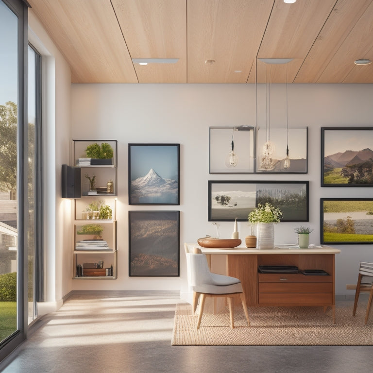 A modern, well-lit home interior with a sleek solar panel system installed on a wall, showcasing a sturdy residential panel mounting rack holding multiple solar panels in a tidy, organized manner.