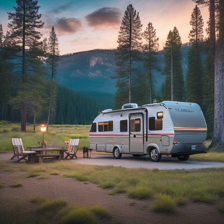A spacious RV parked in a scenic campsite, surrounded by tall pine trees and mountains. An efficient, compact generator sits beside the RV, with power cords neatly arranged, and soft evening light illuminating the scene.