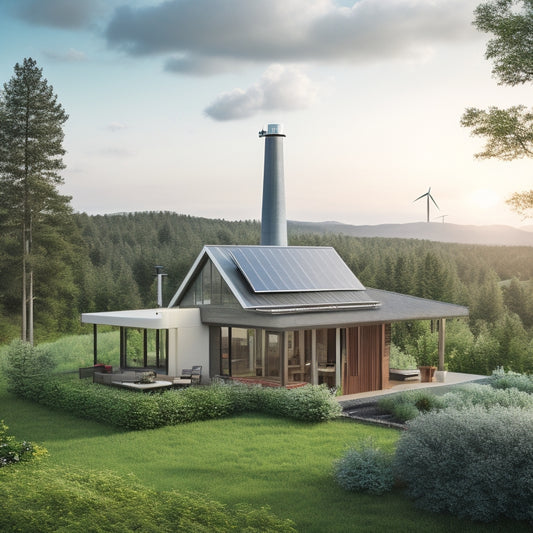 A serene, modern off-grid home surrounded by lush greenery, with a rooftop solar array, a wind turbine in the distance, and a battery bank visible through a large window.