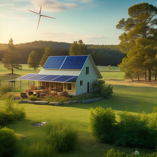 A serene off-grid homestead with a solar panel array, wind turbine, and battery bank in the background, surrounded by lush greenery, with an air conditioner unit in the foreground.