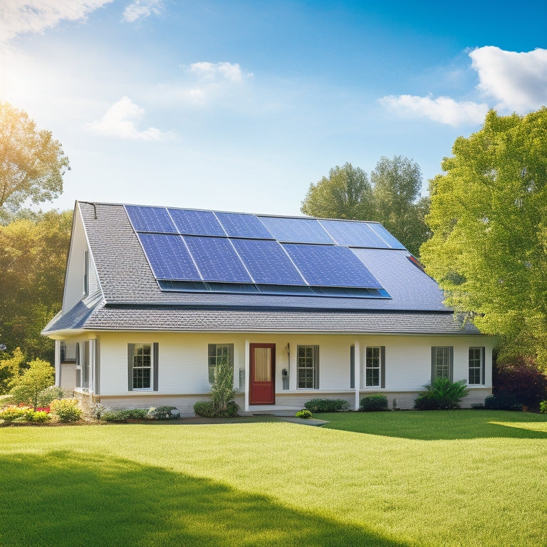 A serene suburban home with a modern solar panel system on the rooftop, surrounded by lush green trees and a bright blue sky with a few white, puffy clouds.