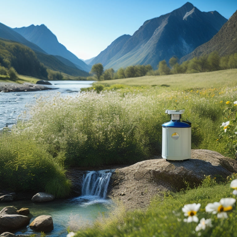 A serene outdoor scene with a solar-powered water purifier beside a sparkling mountain stream, surrounded by lush greenery and vibrant wildflowers, under a clear blue sky, inviting adventure and sustainability.