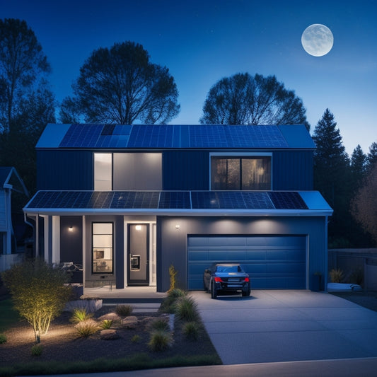 A modern home with a sleek, black solar panel array on the roof, connected to a compact, wall-mounted battery unit with glowing blue LED lights, amidst a darkened neighborhood with a full moon.