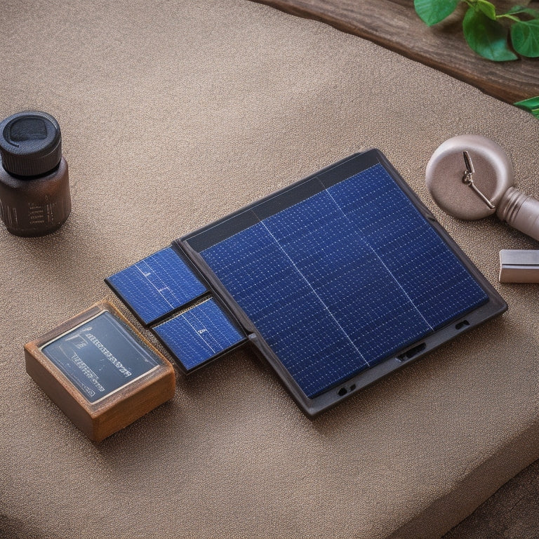 A miniature solar panel with a compact battery attached, set against a rustic wooden background, surrounded by tiny tools and wires, with a faint glow emanating from the panel's surface.
