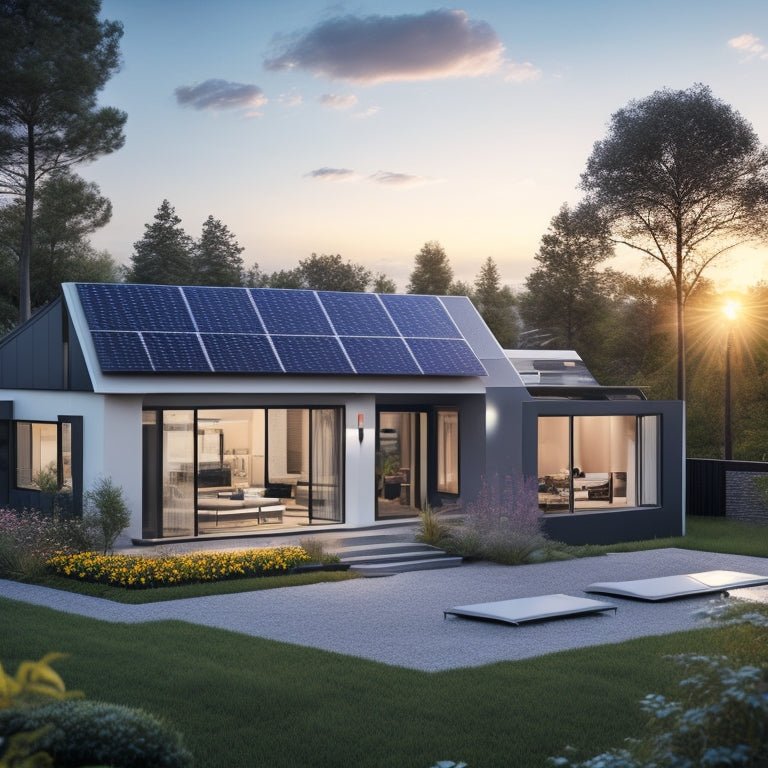 A futuristic home with sleek solar panels on the roof, a compact energy storage unit in the garage, and a serene backyard with a blooming garden, surrounded by a subtle glow of sustainable energy.