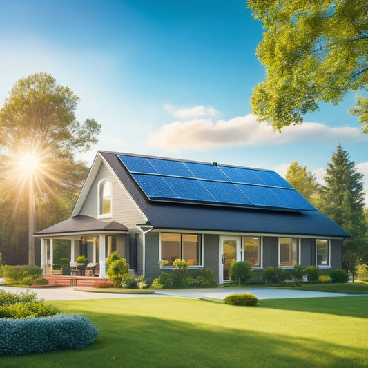 A serene suburban home with sleek, black solar panels installed on the roof, surrounded by lush green trees and a bright blue sky with a few puffy white clouds.