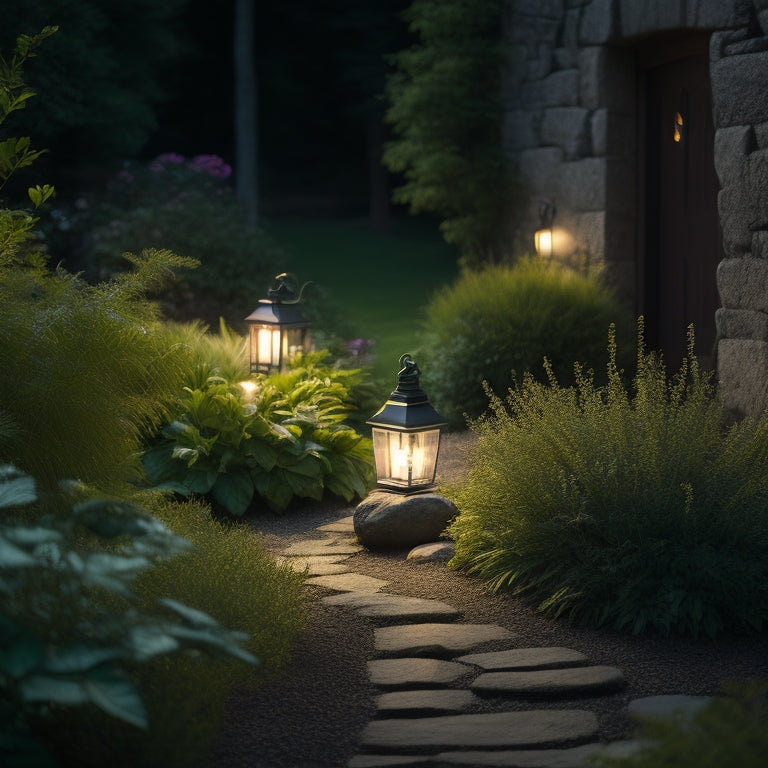 A serene nighttime garden scene with sleek, minimalist solar-powered lanterns in various shapes and sizes, softly illuminating a winding stone path amidst lush greenery and vibrant blooming flowers.