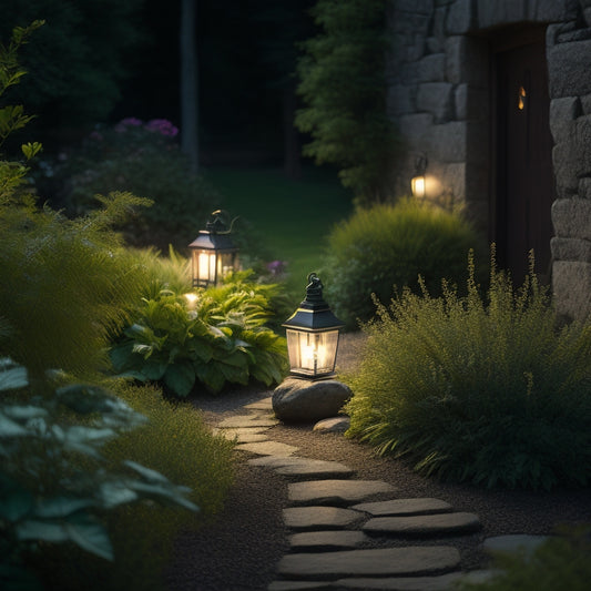 A serene nighttime garden scene with sleek, minimalist solar-powered lanterns in various shapes and sizes, softly illuminating a winding stone path amidst lush greenery and vibrant blooming flowers.