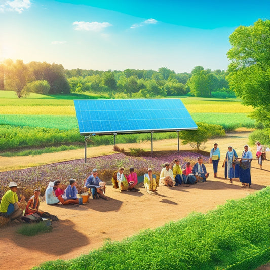 An illustration depicting a sunny rural landscape with villagers gathered around a solar panel installation, with a large inverter in the center, surrounded by lush greenery and a bright blue sky.
