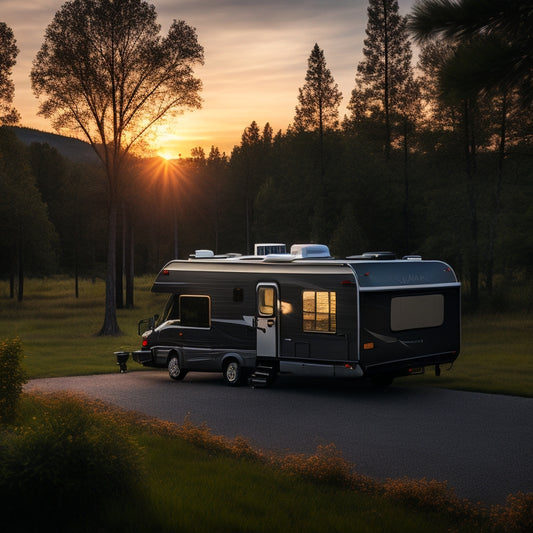 A serene RV campsite at sunset, with a sleek, black solar panel array on the roof, connected to a compact, silver battery box with a subtle LED display, amidst a backdrop of lush greenery.