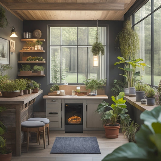 A cozy small business interior with energy-efficient LED lights, a solar panel on the roof, a smart thermostat display, energy-saving appliances, and a window showcasing greenery outside, illustrating sustainability and cost reduction.