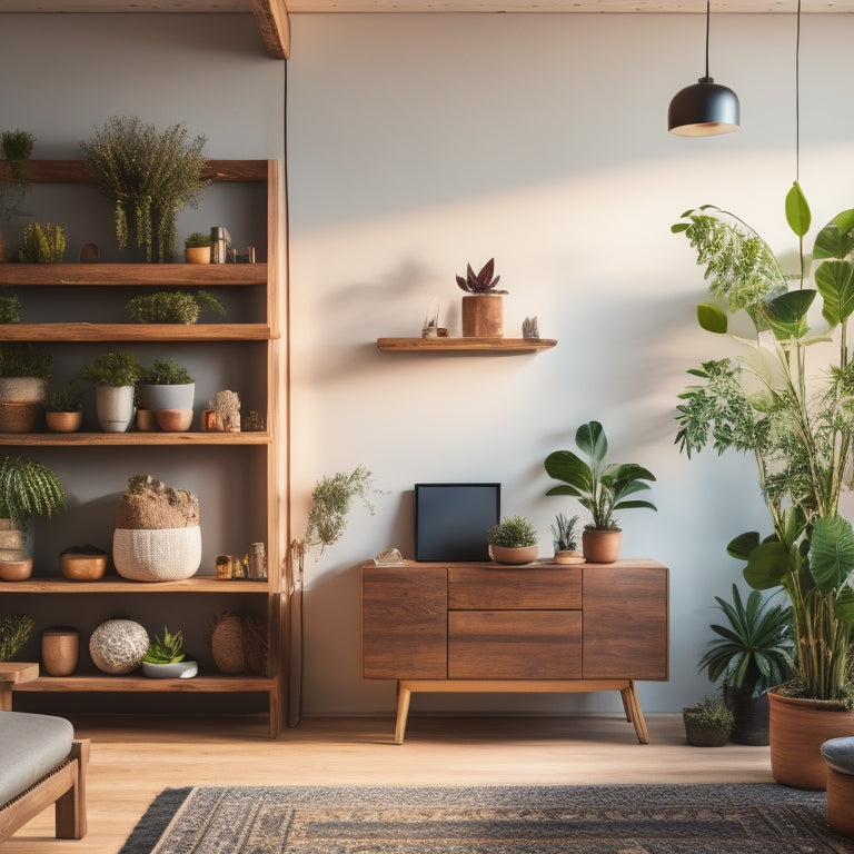 A minimalist, modern living room with asymmetrical floating shelves in reclaimed wood, adorned with potted plants, and a large solar panel integrated into the wall behind, casting a warm glow.