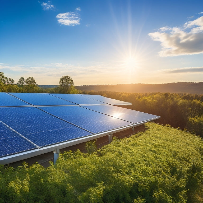 A sleek solar array installation atop a modern rooftop, with gleaming panels reflecting sunlight, surrounded by lush greenery and a clear blue sky, showcasing a vibrant, energy-efficient environment.