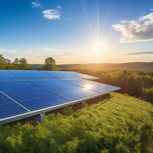 A sleek solar array installation atop a modern rooftop, with gleaming panels reflecting sunlight, surrounded by lush greenery and a clear blue sky, showcasing a vibrant, energy-efficient environment.