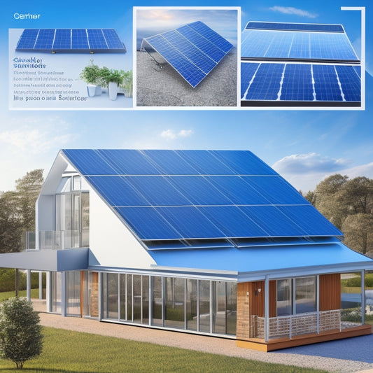 An illustration of a modern, sleek, silver metal roof with a series of photovoltaic solar panels installed, showcasing various types of clamps, brackets, and mounting systems.
