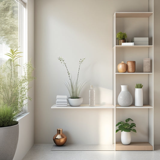 A serene, minimalist room corner with a sleek, modern solar-powered shelving unit featuring three floating shelves, surrounded by lush greenery and a few decorative vases, bathed in warm, natural light.