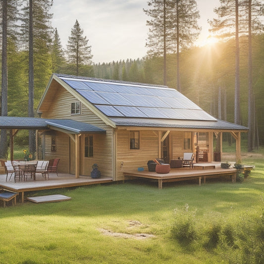A serene, off-grid homestead with a rustic cabin, surrounded by lush greenery, featuring a roof-mounted solar array, a white battery bank, and a sleek inverter/charger unit on a wooden deck.