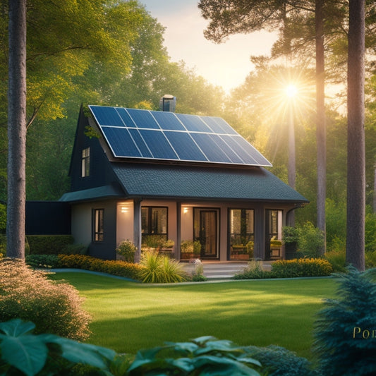 A serene suburban home with a sleek, black solar panel array on the roof, surrounded by lush greenery, with a subtle hint of sunlight peeking through the trees.