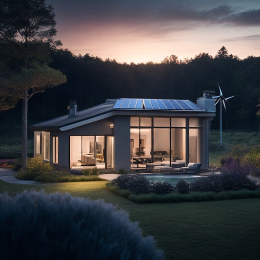 A serene, modern home surrounded by lush greenery, with a sleek solar panel roof, a wind turbine in the distance, and a subtle, glowing LED light emanating from the windows at dusk.