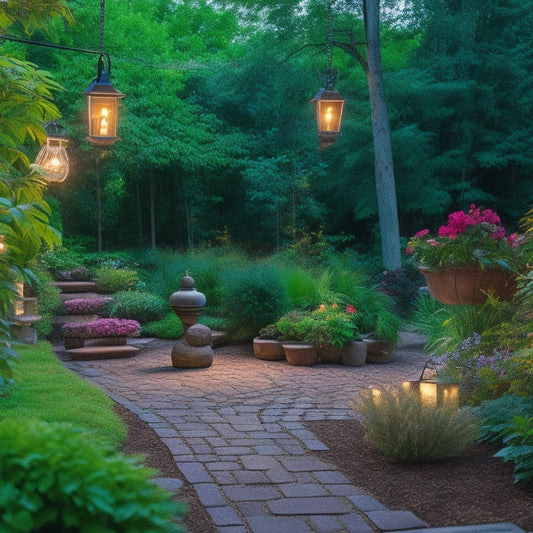 A serene backyard at dusk, illuminated by various styles of solar lights—pathway stakes, lanterns, and string lights—highlighting lush greenery, colorful flowers, and a cozy seating area, creating a warm, inviting atmosphere.