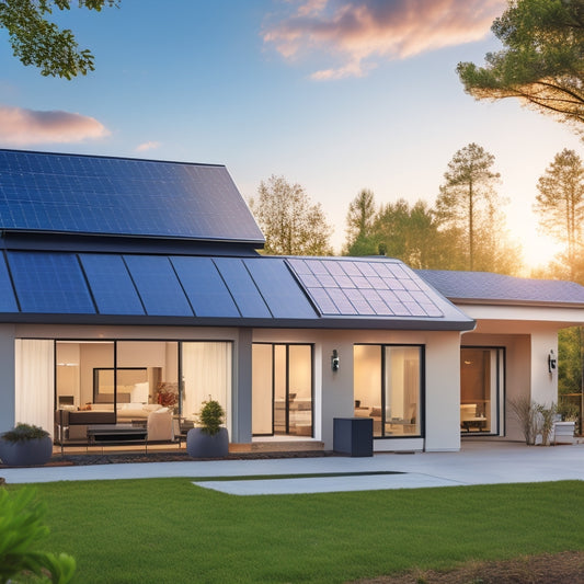 A modern home with a sleek, silver backup energy system installed on the exterior wall, featuring a compact inverter, battery units, and a solar panel array on the roof.