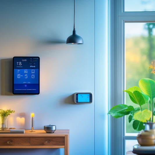 A modern home interior featuring a sleek energy meter on a wall, surrounded by smart home devices, energy-efficient appliances, and soft ambient lighting, illustrating a blend of technology and sustainability in everyday living.