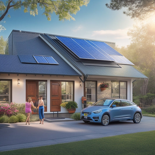 A cozy home with solar panels on the roof, a sleek battery storage unit in the garage, surrounded by lush greenery, sunlight filtering through, showcasing a family considering energy options with thoughtful expressions.