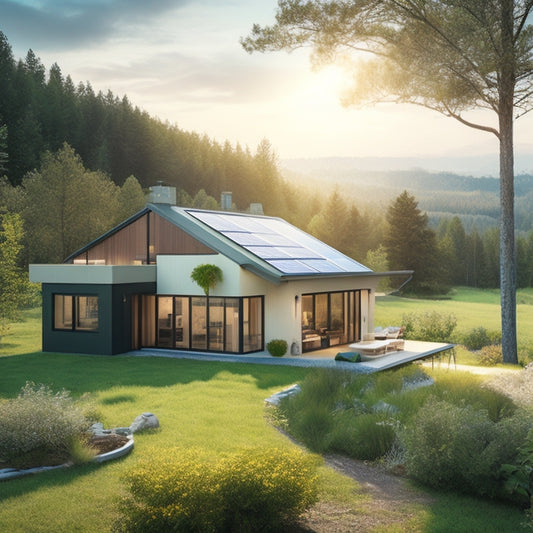 A serene, modern, off-grid home surrounded by lush greenery, with a solar panel array on the roof, a vertical-axis wind turbine in the distance, and a battery bank visible through a window.