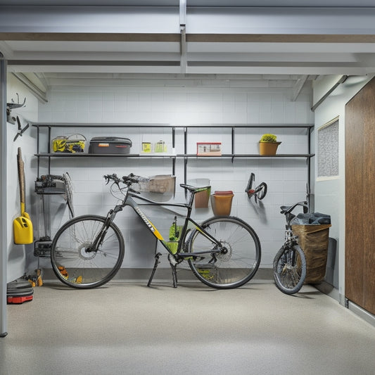 A well-lit, clutter-free garage with a silver, solar-powered metal shelf organizer system against a gray concrete wall, holding various tools and storage bins, with a few bicycles and a lawn mower nearby.